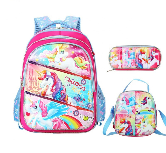 3D Girls Student Bookbag 3 en 1 Juego de mochila escolar para niños con bolsa de almuerzo y estuche para lápices