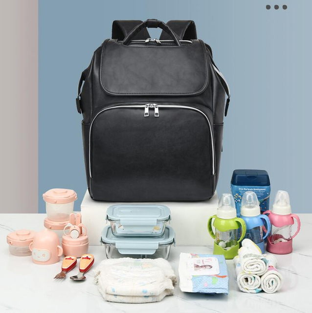 Mochila de pañales con bolso de mamá de cuero PU multifuncional elegante con cuna de bebé
