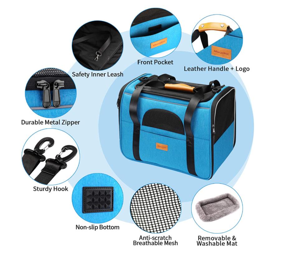 Mascota lleva bolsa de color azul