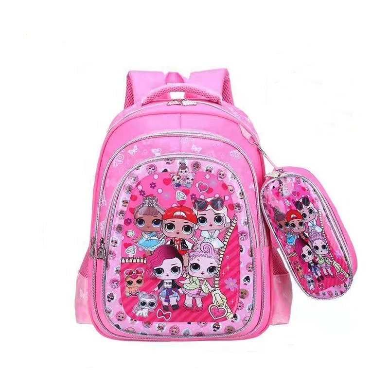 Bolso de la escuela de dibujos animados con la caja de l&aacute;piz