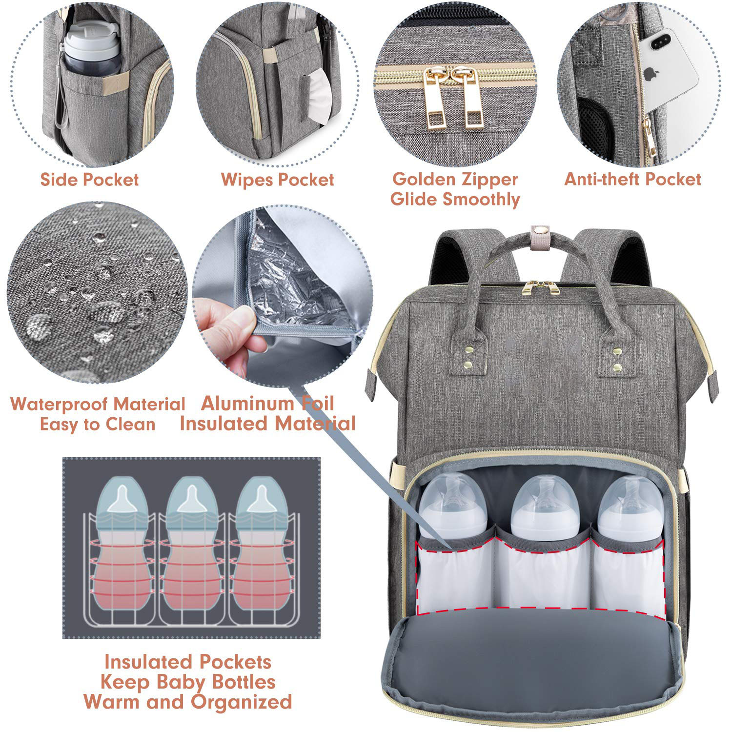 Mochila de bolsa de pa&ntilde;ales con 3 bolsillo aislado