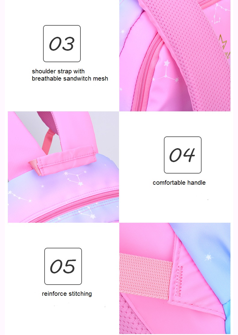 Detalles del color graduado de la bolsa de mochila escolar para las ni&ntilde;as